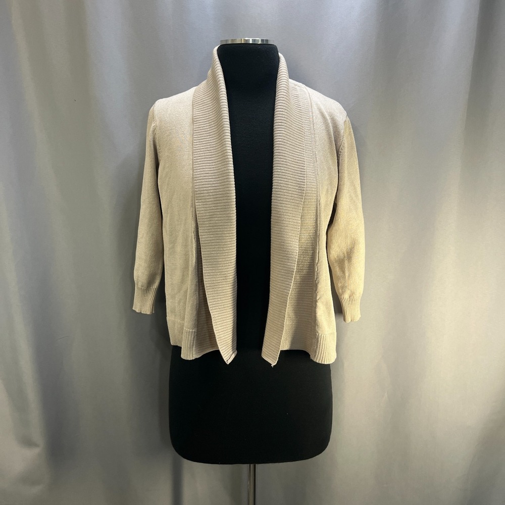 Esperanza Cardigan Sweater Womens Small Beige Tight Knit Ribbed Rayon Open Front